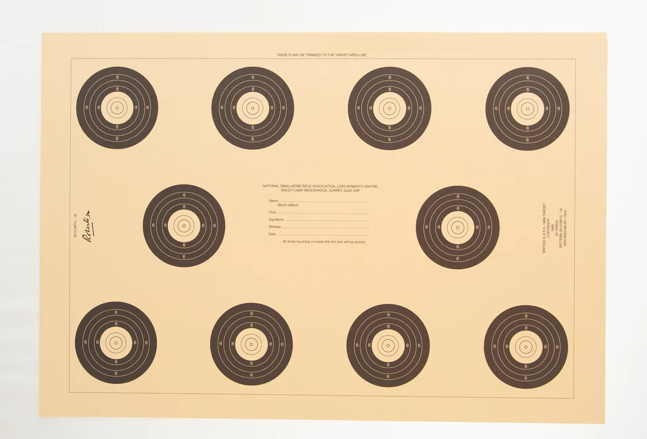 NRSA benchrest rifle target sheet with multiple bullseyes
